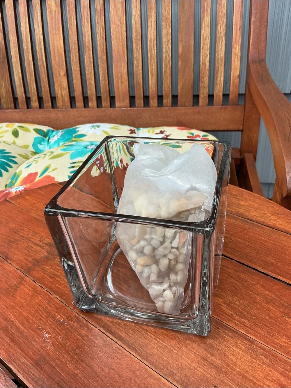 Clear Square Glass Vase with Decorative Pebbles. New
